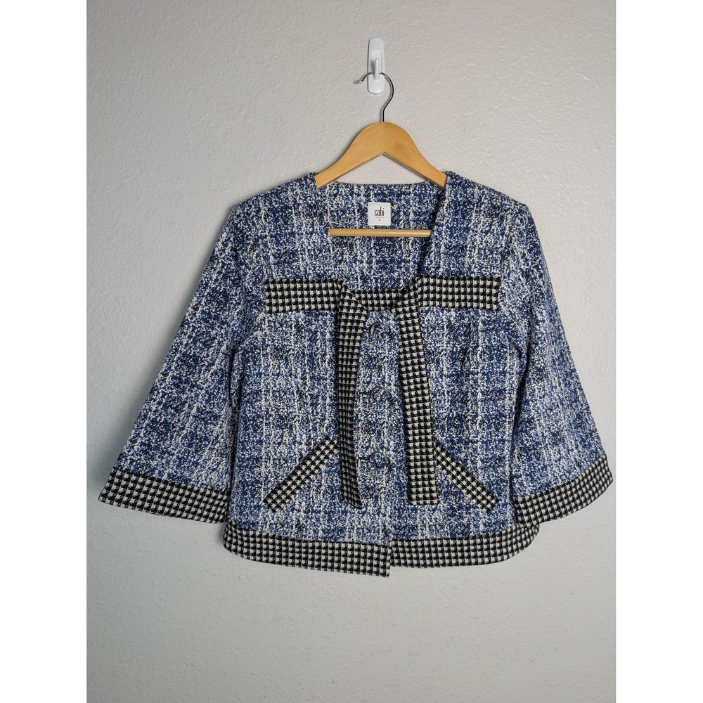 CAbi Jacket Womens S Blue Knit‎ Check Collarless Open Strap Short Houndstooth